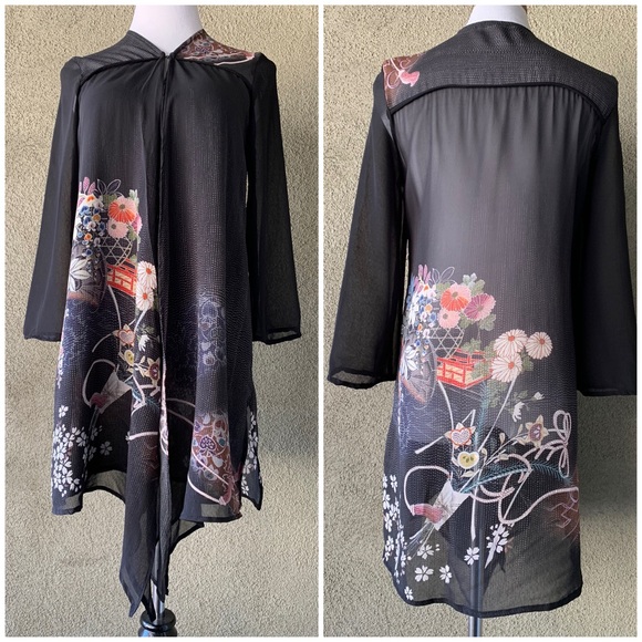 “Citron Santa Monica” Black Chiffon Kimono Duster size S - Picture 2 of 12